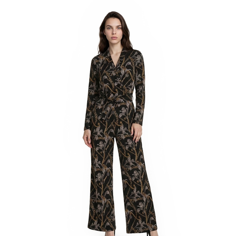 Joseph Ribkoff Black Gold Chain Baroque Jumpsuit Women's‎ Size 6 Wide Leg